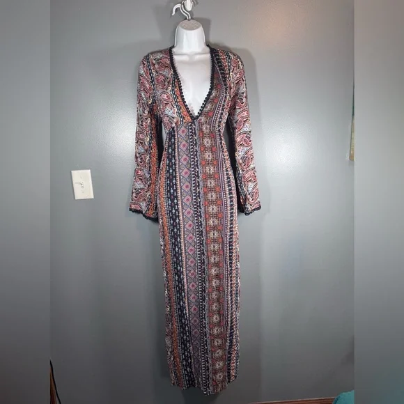 Boho Paisley Maxi Dress Long Sleeve Festival Bohemian Large - Picture 3 of 15